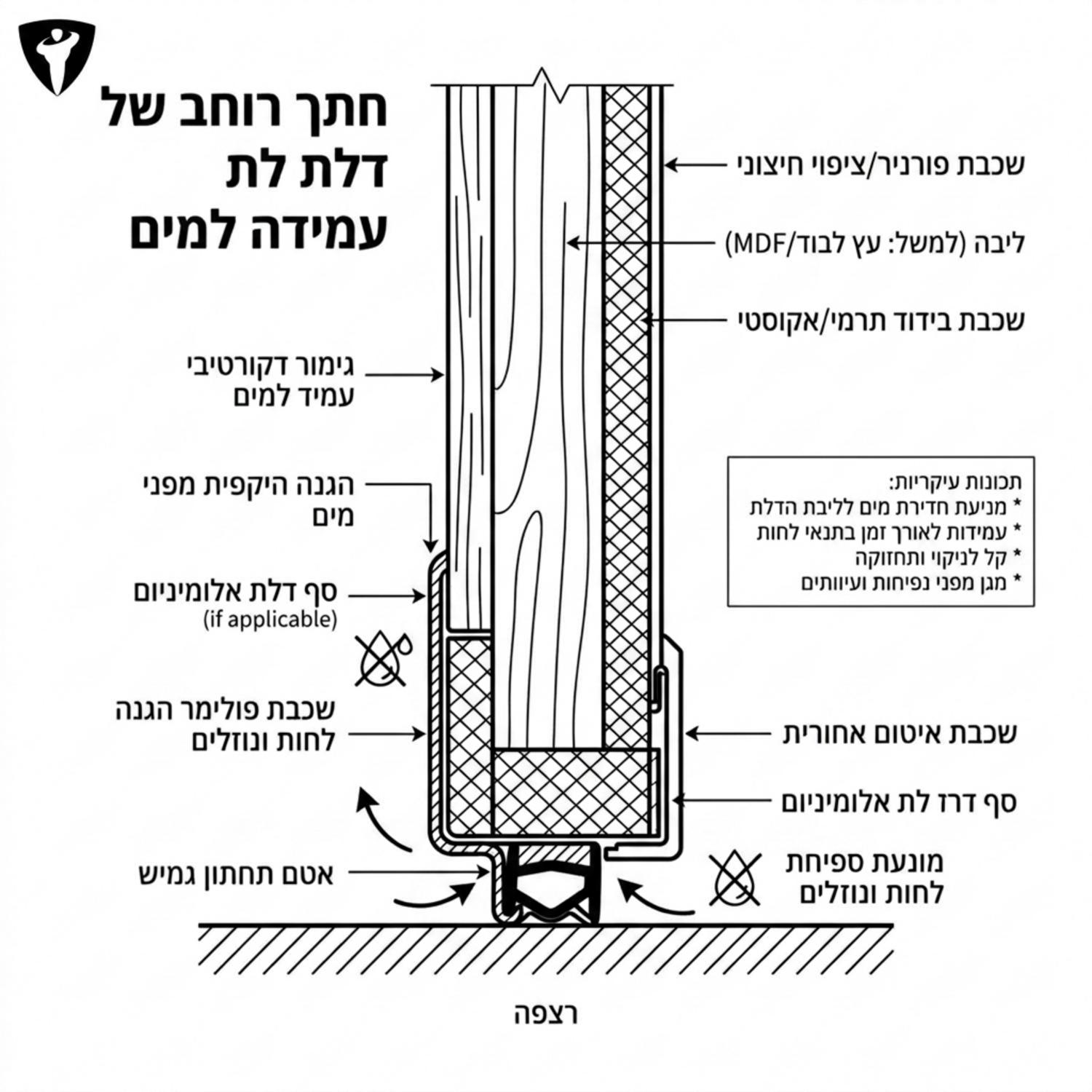 חתך רוחב של דלת עמידה למים המראה את שכבות הפולימר וההגנה בתחתית הדלת, המונעות ספיחת לחות ונוזלים