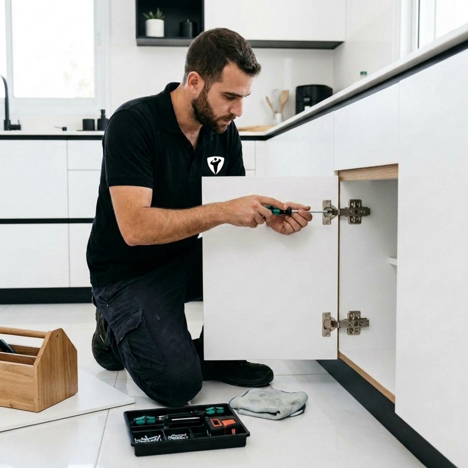 תמונה של מתקין מקצועי מבצע כוונון עדין של צירים נסתרים תוך שמירה על סביבת עבודה נקייה ומסודרת