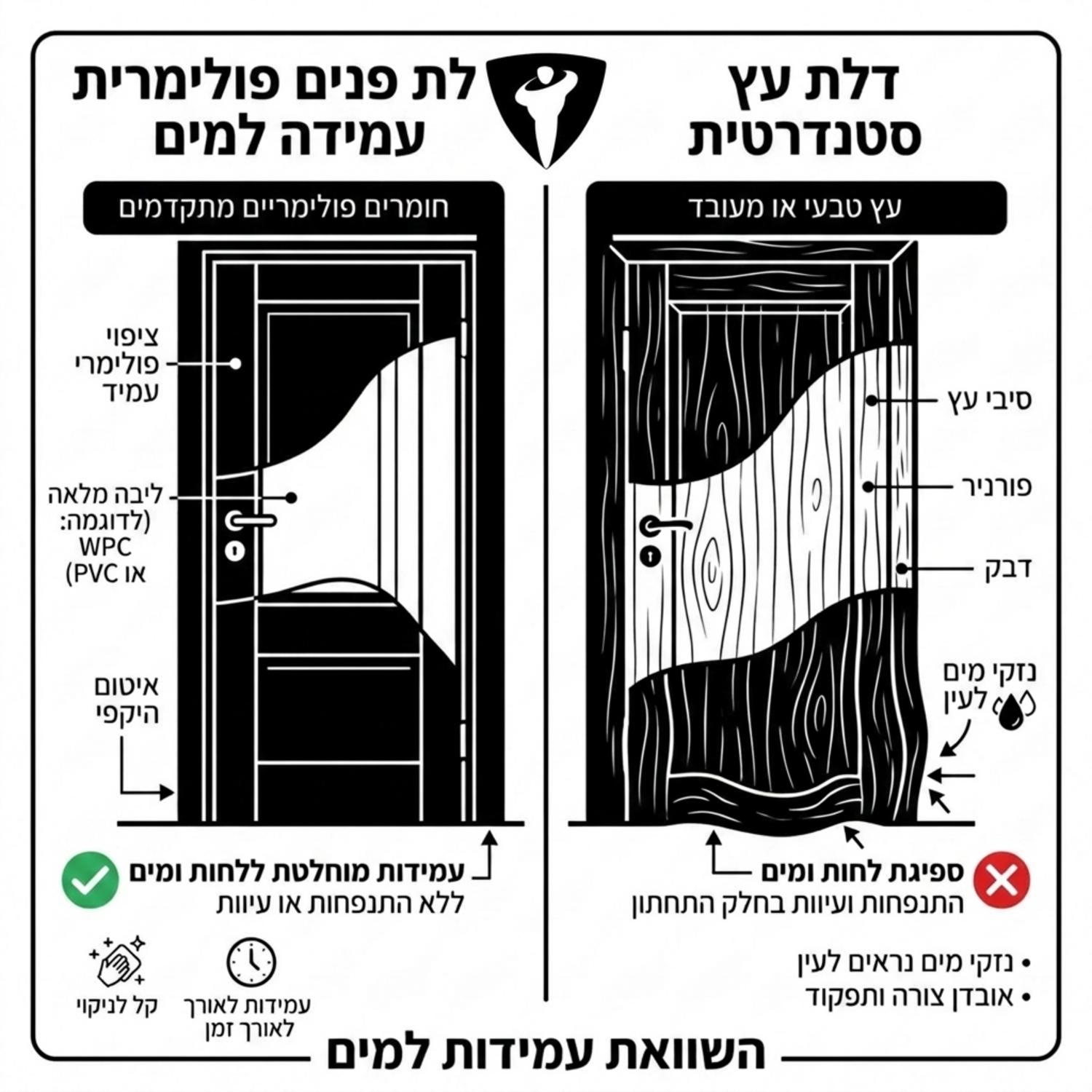 אינפוגרפיקה המציגה חתך רוחב של דלת פנים פולימרית עמידה למים לעומת דלת עץ סטנדרטית שספגה לחות והתנפחה בחלקה התחתון