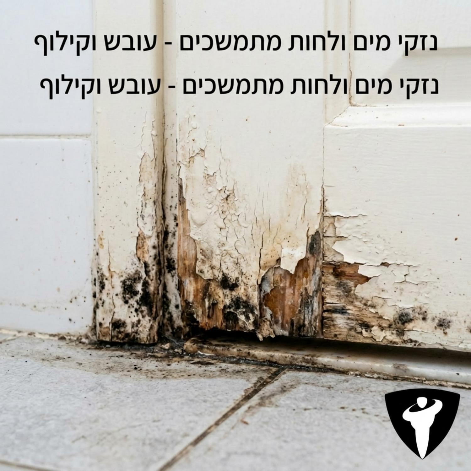 צילום תקריב של תחתית משקוף בחדר רחצה המציג סימני עובש וקילוף צבע כתוצאה מנזקי מים ולחות מתמשכים