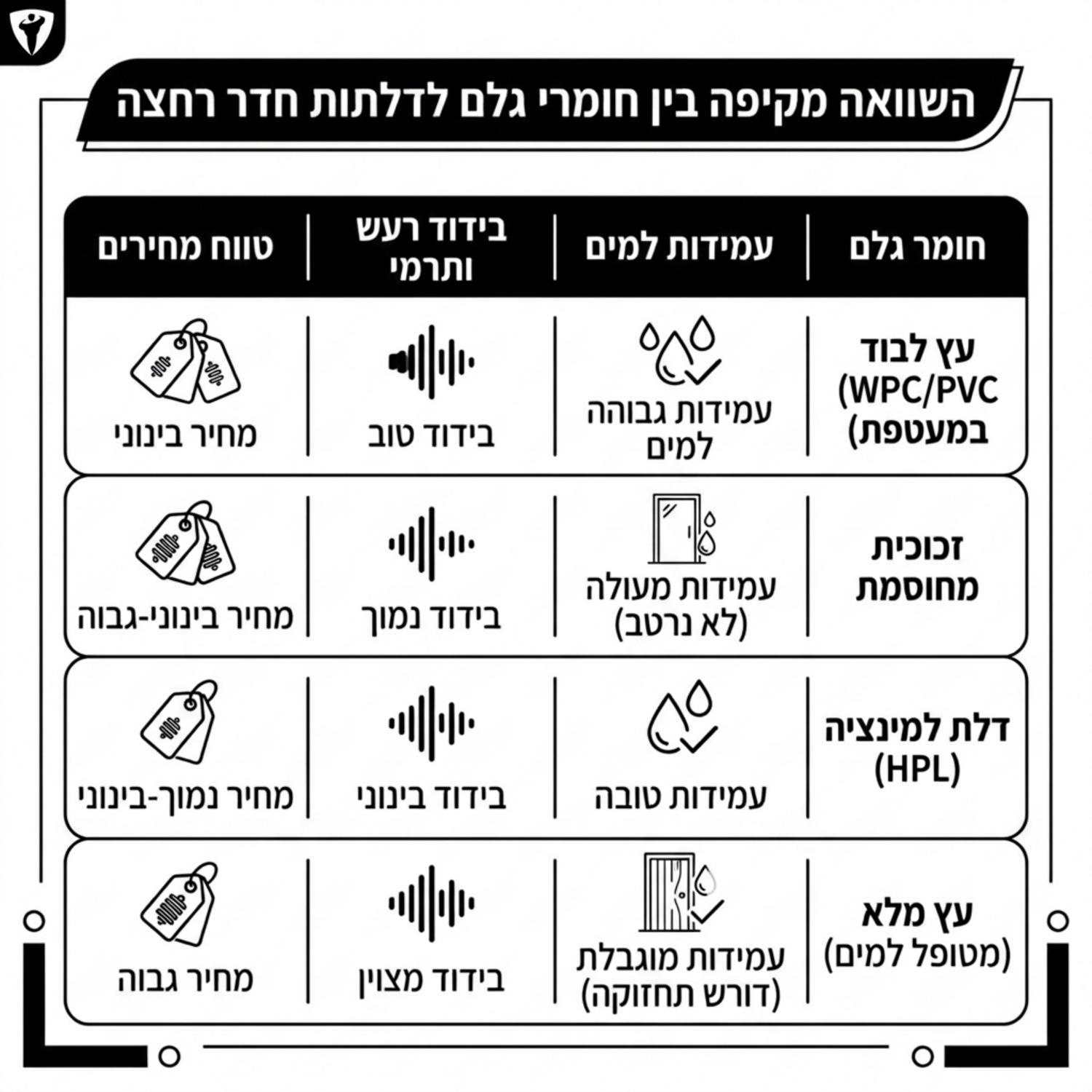 טבלה גרפית מעוצבת המשווה בין חומרי הגלם השונים לדלתות חדר רחצה כולל עמידות למים רמת בידוד וטווח מחירים