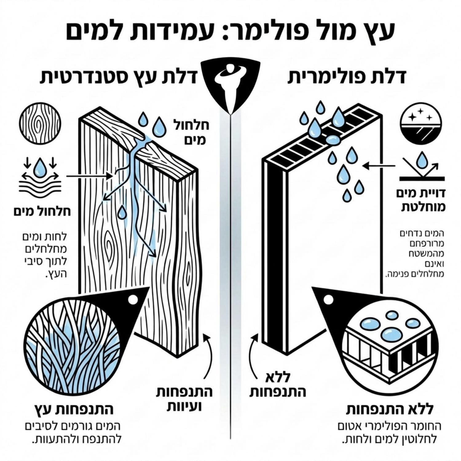 אינפוגרפיקה המציגה חתך רוחב של דלת עץ סטנדרטית לעומת דלת פולימרית, הממחישה כיצד מים מחלחלים לתוך העץ וגורמים להתנפחות לעומת הדחייה המוחלטת של מים בחומר הפולימרי