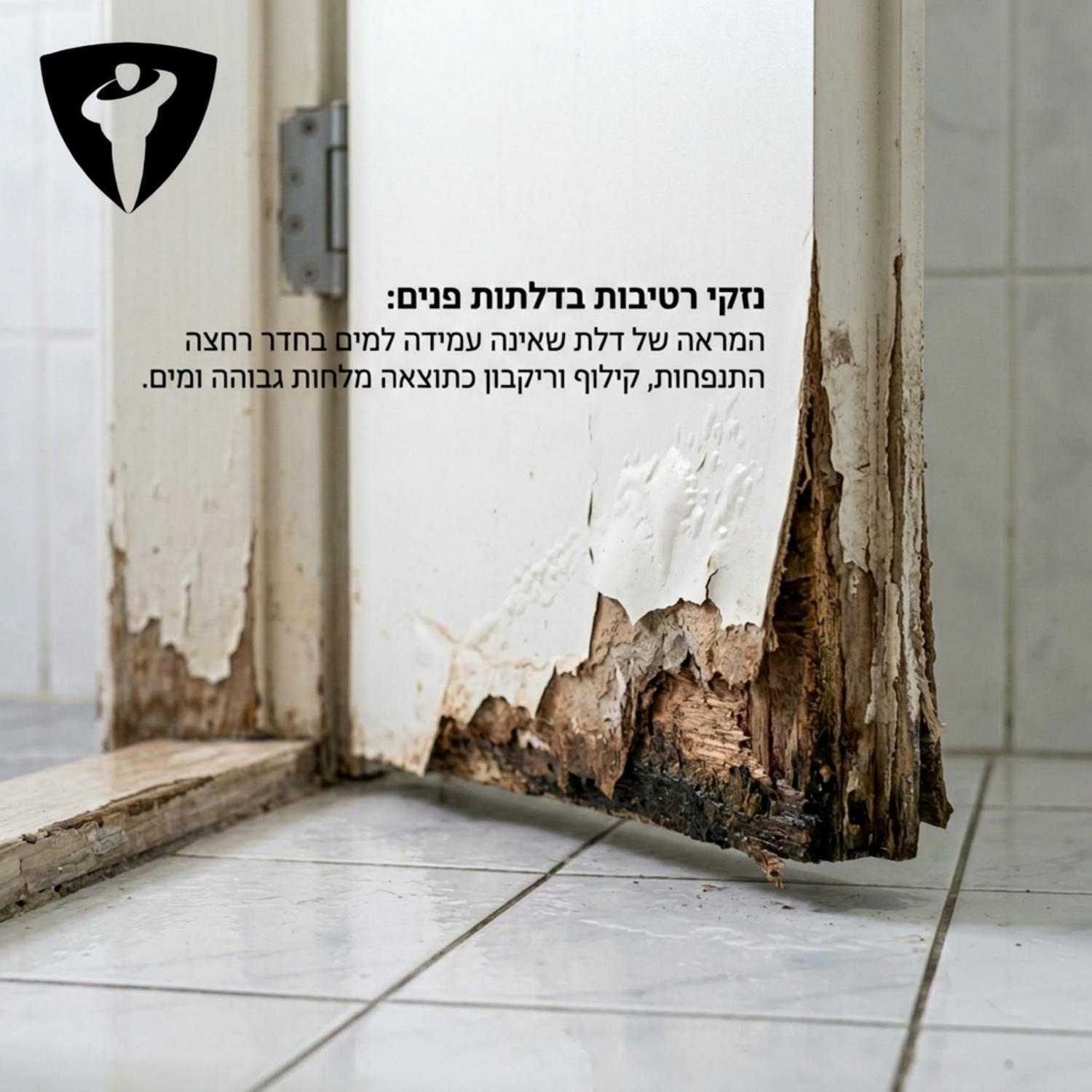 צילום תקריב של תחתית דלת פנים בחדר רחצה המציגה סימני רטיבות קשים, התנפחות של החומר וקילוף של הציפוי החיצוני, כדי להמחיש את הנזק של שימוש בדלת שאינה עמידה למים