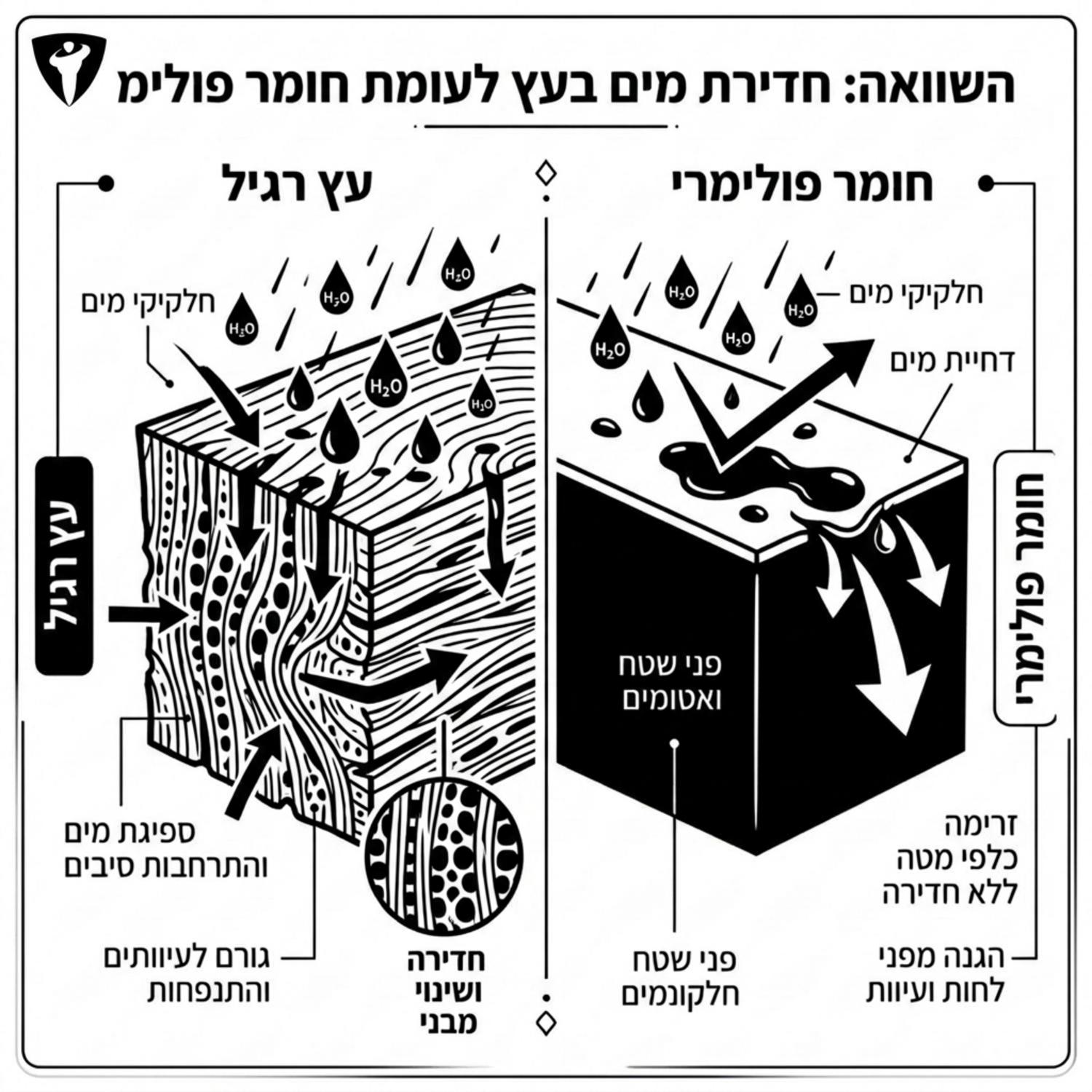 אינפוגרפיקה מקצועית המציגה חתך רוחב של חומר עץ רגיל לעומת חומר פולימרי. באינפוגרפיקה רואים כיצד חלקיקי מים חודרים ומרחיבים את סיבי העץ וגורמים לעיוות, בעוד שעל גבי החומר הפולימרי חלקיקי המים פשוט מחליקים מטה ללא יכולת חדירה
