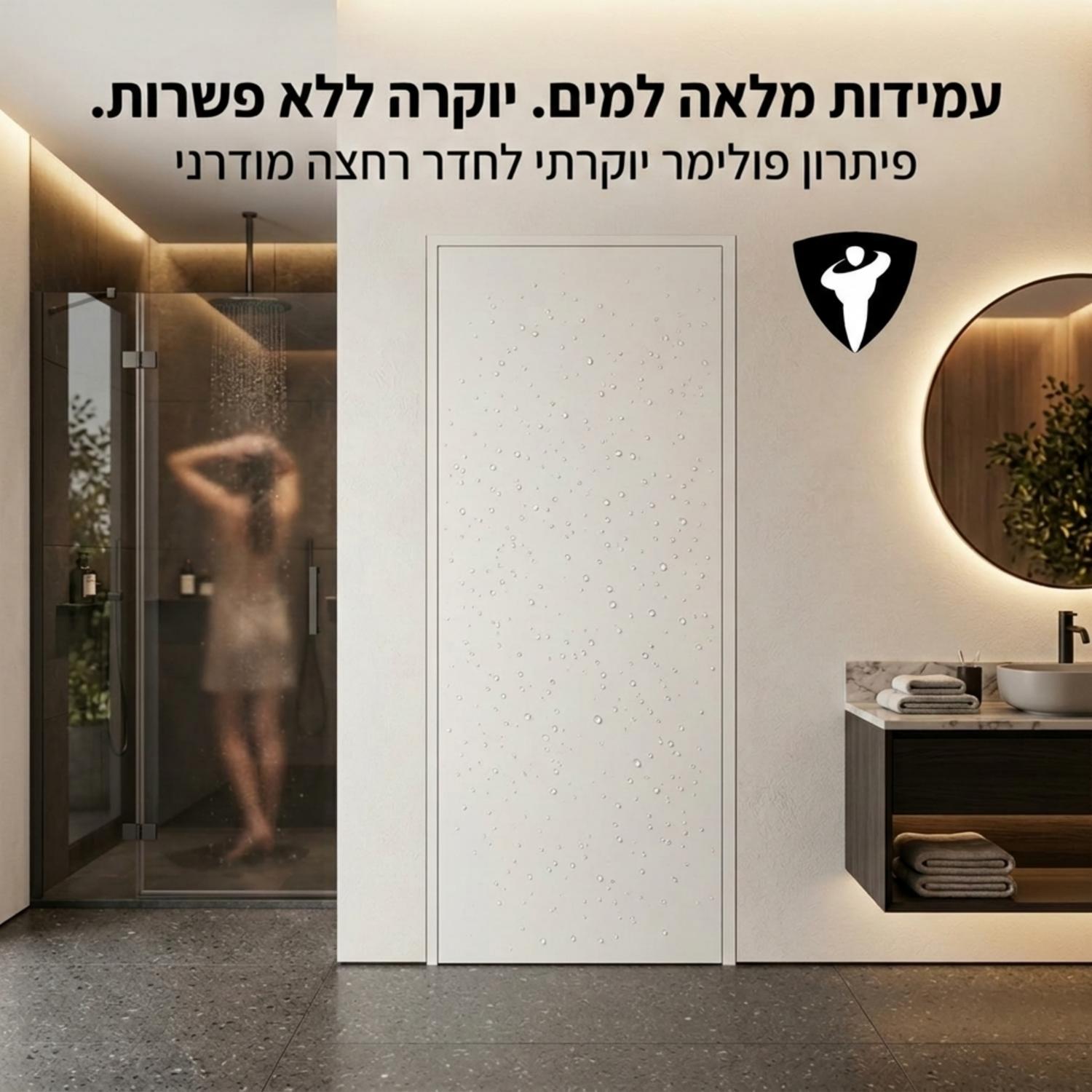 תמונה מעוצבת ומרשימה של חדר רחצה מודרני בגימור יוקרתי. במרכז התמונה מותקנת דלת קו אפס חלקה ונקייה ללא משקוף גלוי, בצבע לבן מאט. על הדלת יש טיפות מים קטנות הממחישות את עמידות החומר למים. התאורה בחדר חמימה ומדגישה את איכות הגימור של הפולימר