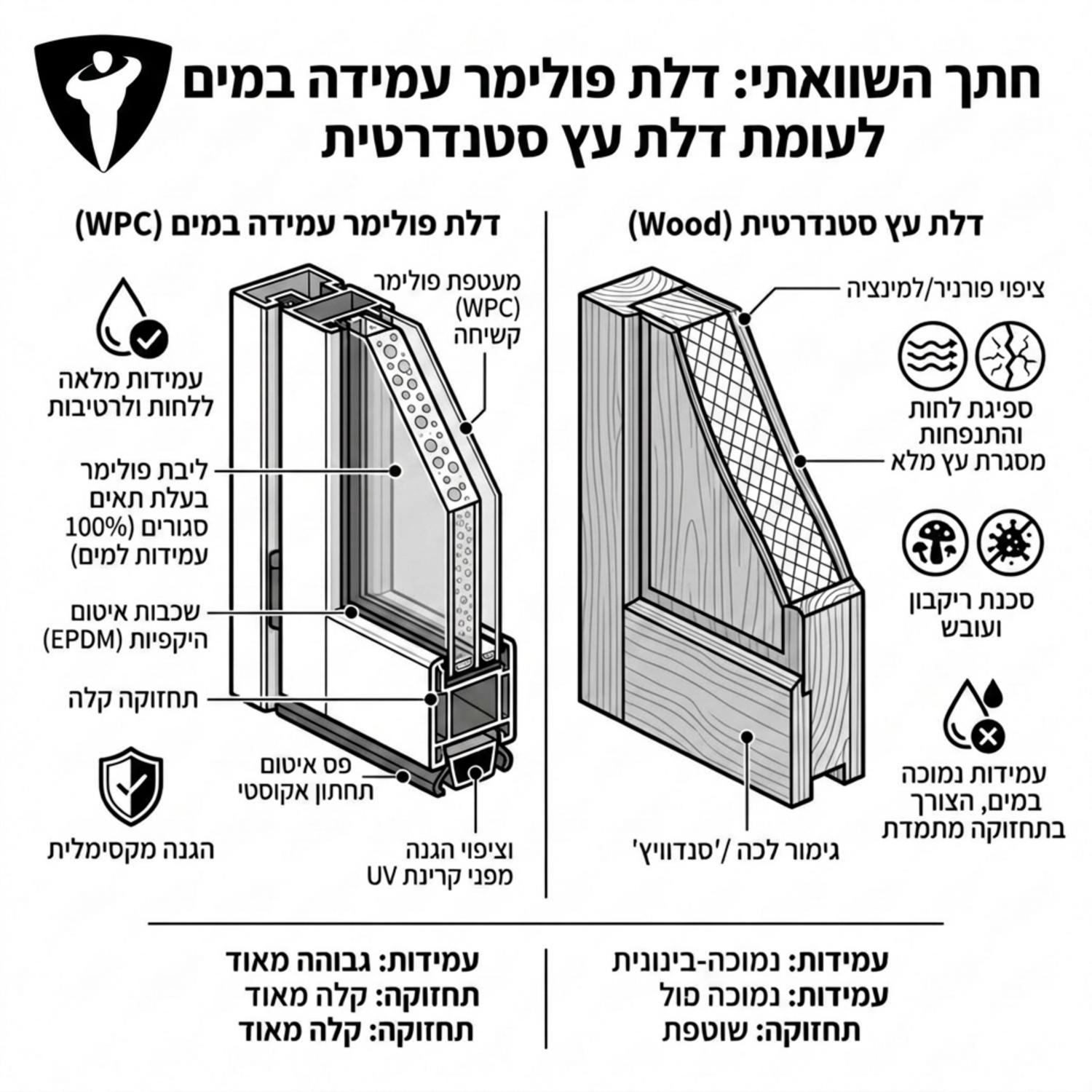 אינפוגרפיקה המציגה חתך של דלת פולימר עמידה במים לעומת דלת עץ סטנדרטית, תוך הדגשת שכבות האיטום וההגנה בפני רטיבות
