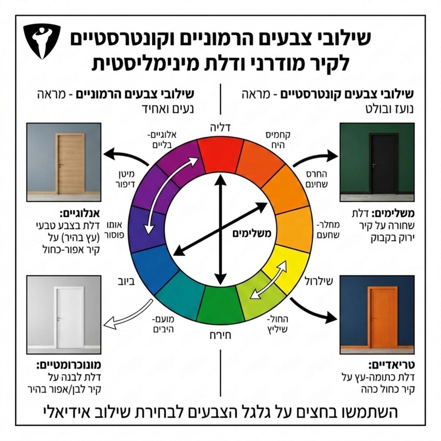 אינפוגרפיקה המציגה גלגל צבעים עם חיצים הממחישים שילובי צבעים הרמוניים וקונטרסטיים בין קיר מודרני לדלת פנים מינימליסטית