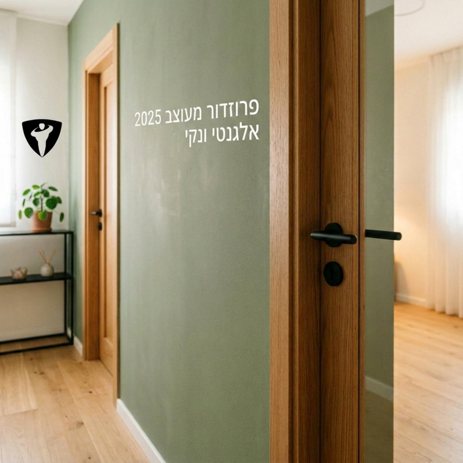 צילום תקריב של מסדרון מעוצב בשנת אלפיים עשרים וחמש עם קיר בגוון מרווה עדין ודלת בגוון אלון טבעי עם פרזול שחור מט