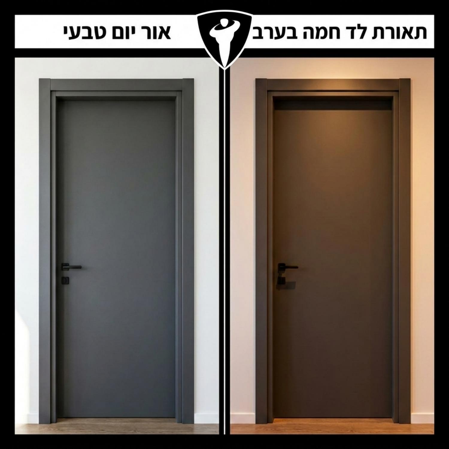 תמונה מפוצלת המראה את אותה דלת פנים בגוון אפור פחם פעם אחת באור יום טבעי ופעם שנייה תחת תאורת לד חמה בערב