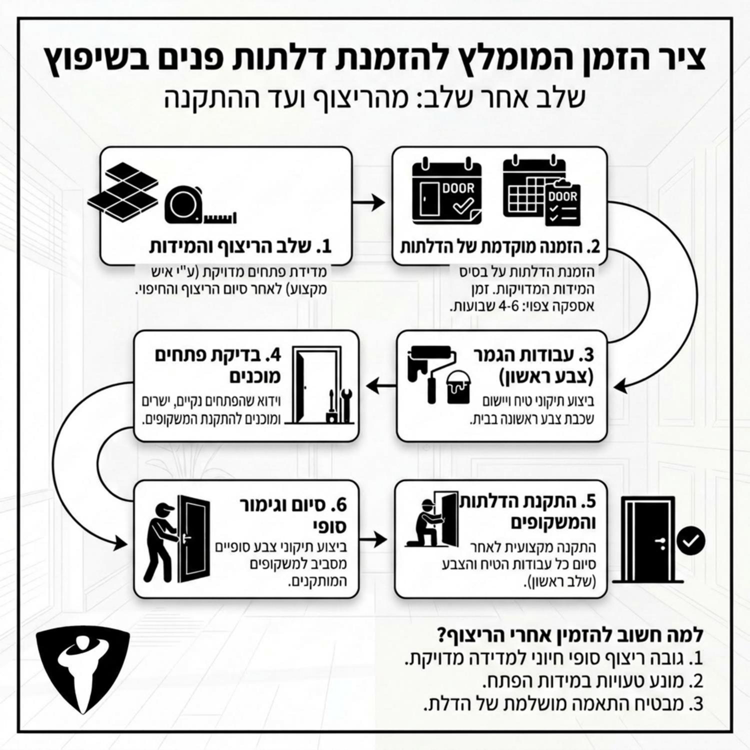 אינפוגרפיקה המציגה את ציר הזמן הנכון להזמנת דלתות במהלך תהליך שיפוץ, החל משלב הריצוף ועד לשלב הצבע וההתקנה